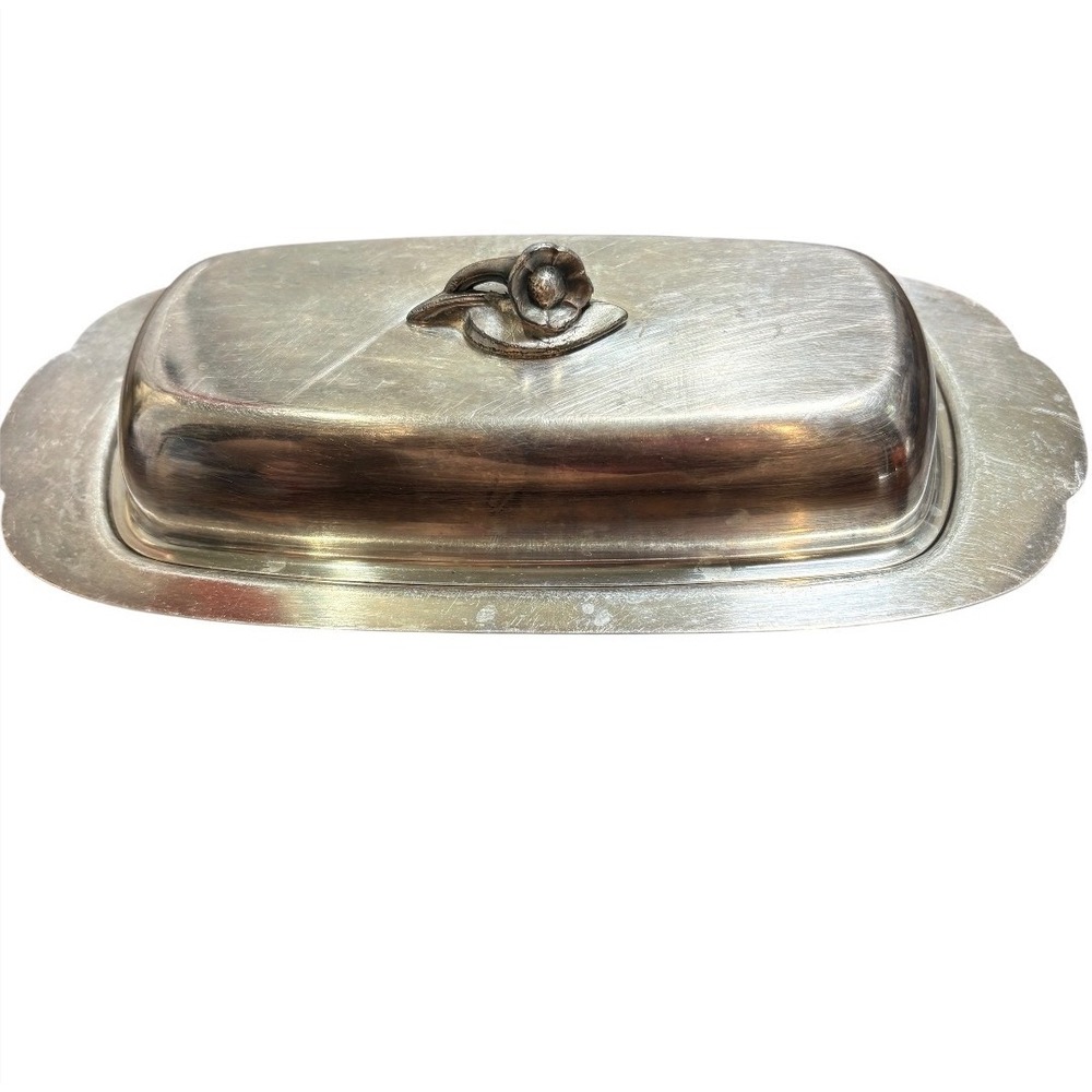 Oneida Butter Dish Silver Plated Floral‎ Finial Glass Liner 3pc Set